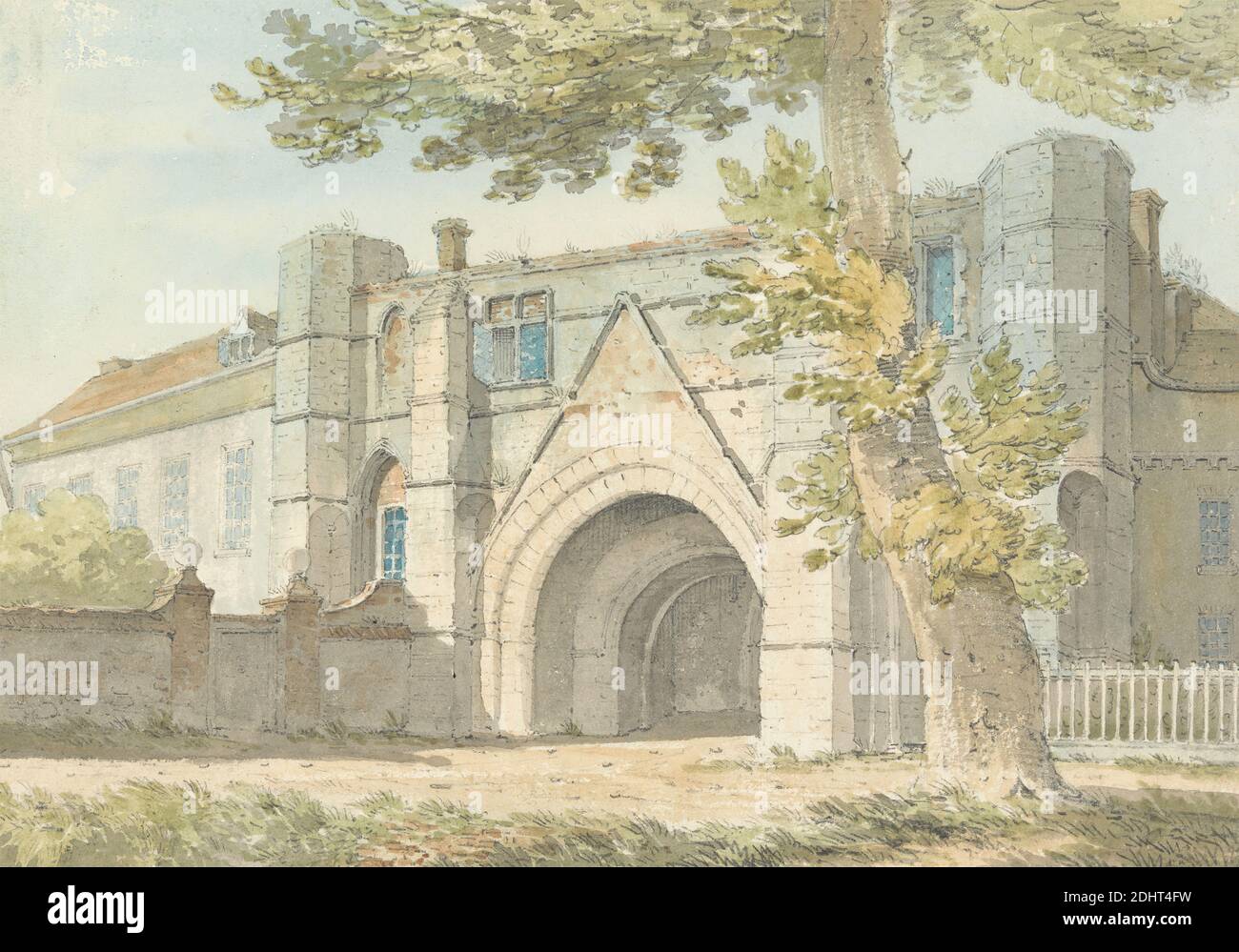 Reading Abbey Gateway, Edward Hawke locker, 1777–1849, British, 1803, Aquarell über Graphit auf Medium, leicht strukturiert, cremefarbenes Wove-Papier, Blatt: 6 1/8 × 8 5/8 Zoll (15.6 × 21.9 cm), Abtei, architektonisches Thema, Gateway, Fenster, Berkshire, England, Reading, Reading Abbey, Großbritannien Stockfoto