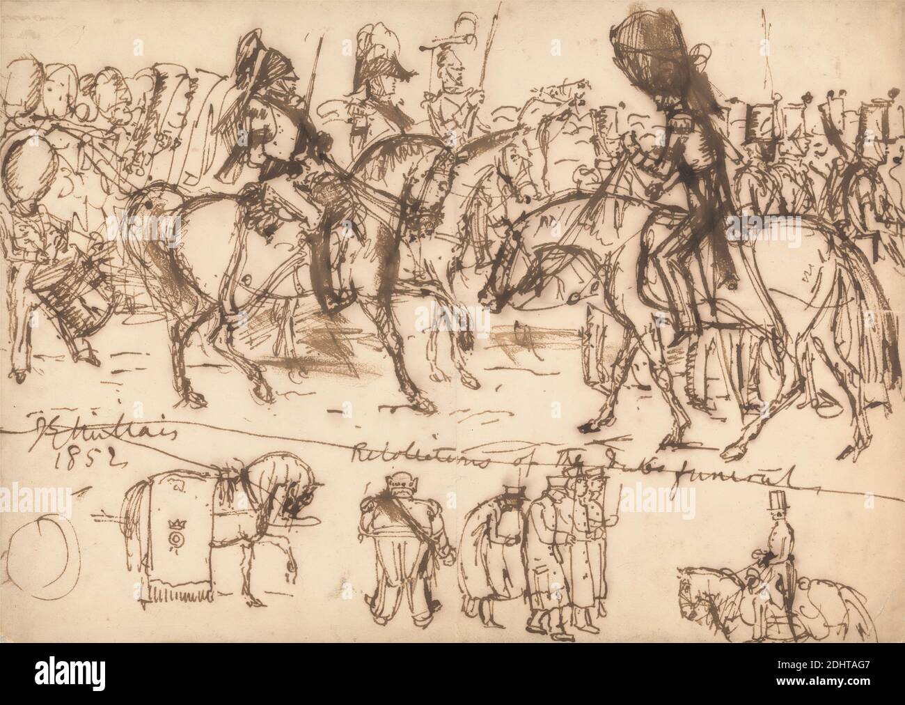 The Funeral of the Duke of Wellington, Sir John Everett Millais, 1829–1896, British, 1852, Feder und braune Tinte und Graphit auf mäßig dickem, leicht strukturiertem, cremefarbenen Papier, Blatt: 10 × 14 Zoll (25.4 × 35.6 cm), Begräbnis, historisches Subjekt, Pferde (Tiere Stockfoto