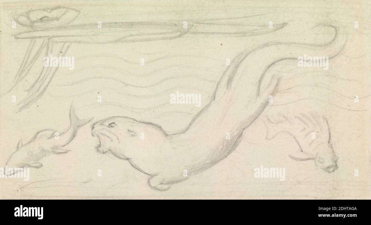 Buntglasstudie, ein Otter und zwei Fische, Sir John Everett Millais, 1829–1896, britisch, undatiert, Graphit auf mäßig dickem, leicht strukturiertem, cremefarbenem Wove-Papier, Blatt: 1/8 × × cm (2 5.4 10.2 4 inches), Tierkunst, Fisch, Otter (Tier Stockfoto