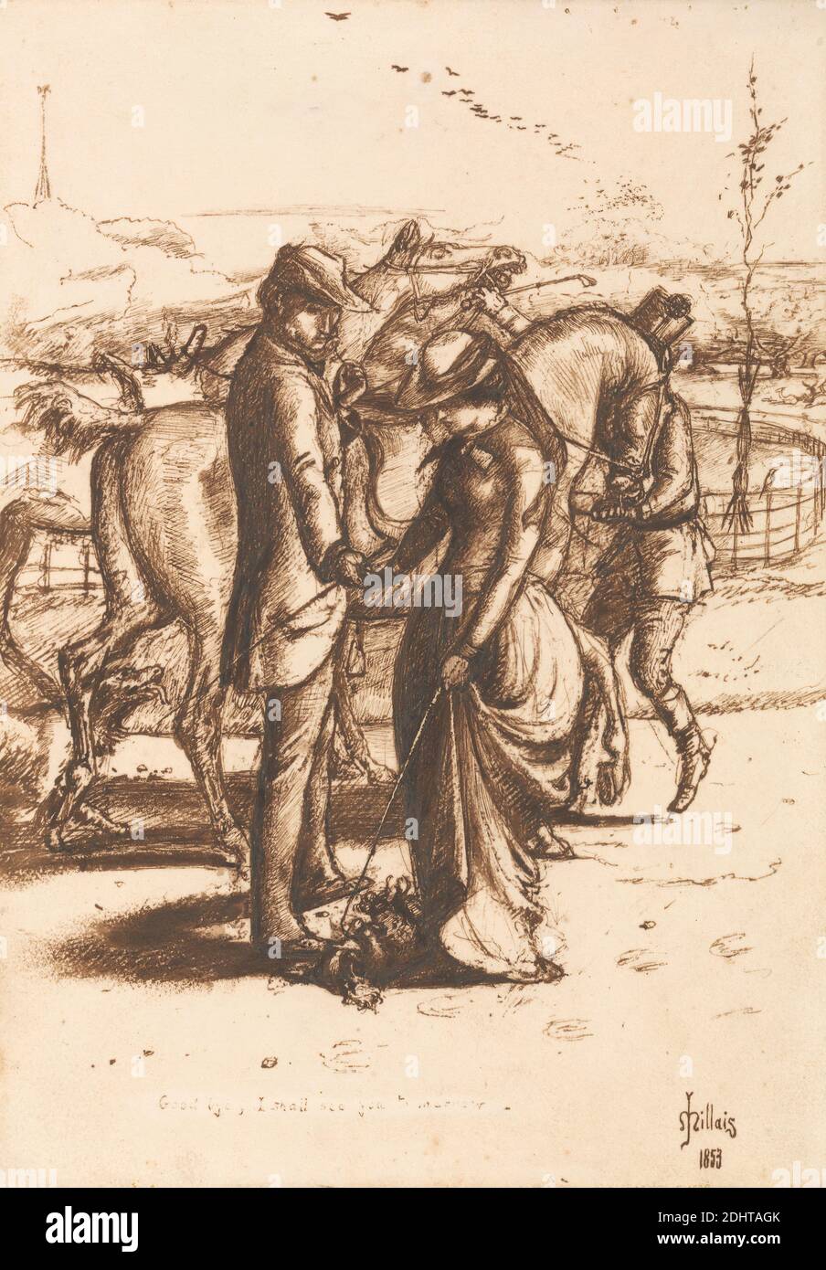 Abgelehnt, Sir John Everett Millais, 1829–1896, British, 1853, Feder und braune Tinte auf Medium, leicht strukturiert, cremefarbenes Wove-Papier, Blatt: 9 7/8 x 6 7/8 Zoll (25.1 x 17.5 cm), Balz, Genresubjekt, Pferde (Tiere Stockfoto