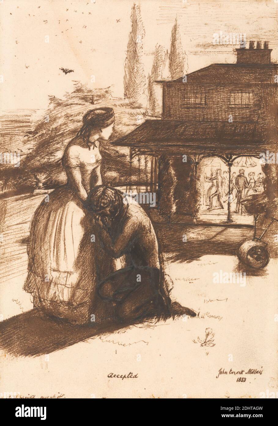 Accepted, Sir John Everett Millais, 1829–1896, British, 1853, Pen und braune Tinte; rückseitig: Graphit auf Medium, leicht strukturiert, cremefarbenes Wove-Papier, Blatt: 9 7/8 × 6 7/8 inches (25.1 × 17.5 cm), Balz, Genresubjekt, Mutterschaft, Frau Stockfoto