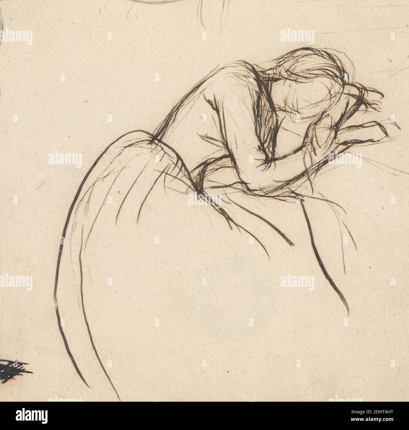 Eine vor Trauer gebeugte Frau, Sir John Everett Millais, 1829–1896, Brite, ca. 1857, Feder und braune Tinte und Graphit auf Medium, leicht strukturiert, cremefarbenes Wove Papier, Blatt: 3 7/8 × 3 7/8 Zoll (9.8 × 9.8 cm), Figurenstudie, Trauer, Frau Stockfoto