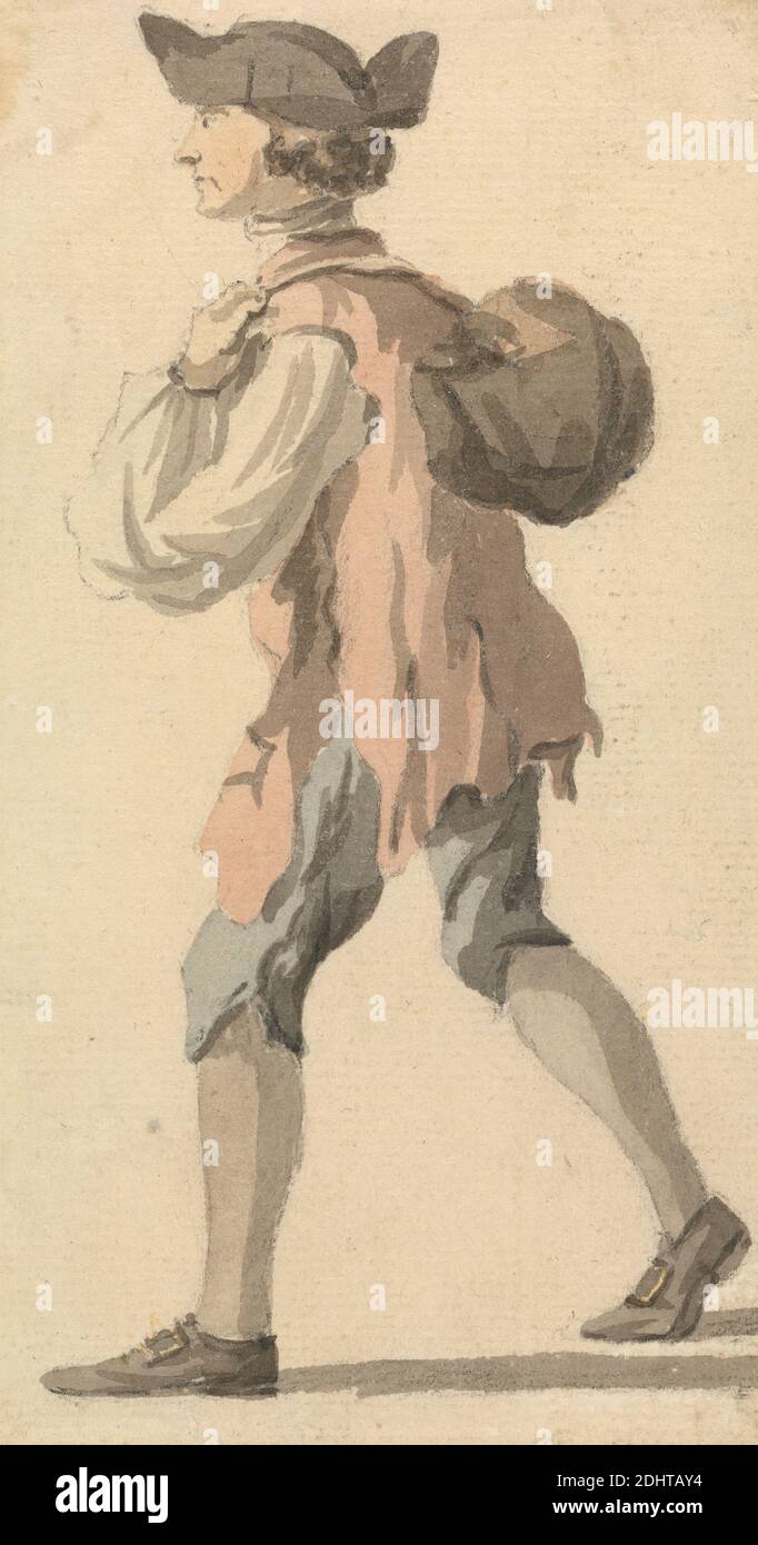 Man Carrying Bundle on His Back, William Marlow, 1740–1813, britisch, undatiert, Aquarell und Graphit auf Medium, leicht strukturiert, cremefarbenes Papier, Blatt: 1/2 × × cm (5 14 7.6 3 inches), Hosen, Knie, Bündel, Genremotiv, Mann, Hemd, Schuhe (Schuhe), Strümpfe, Tricorne, Weste Stockfoto