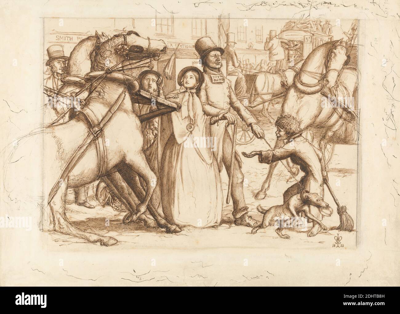 The Blind man, Sir John Everett Millais, 1829–1896, British, 1853, Pen und braune Tinte und Graphit auf mäßig dickem, leicht strukturiertem, cremefarbenem Wove-Papier, Blatt: 10 × 14 Zoll (25.4 × 35.6 cm), Bettler, Blinde (Menschen), Genremotiv, Schilder, Straße Stockfoto