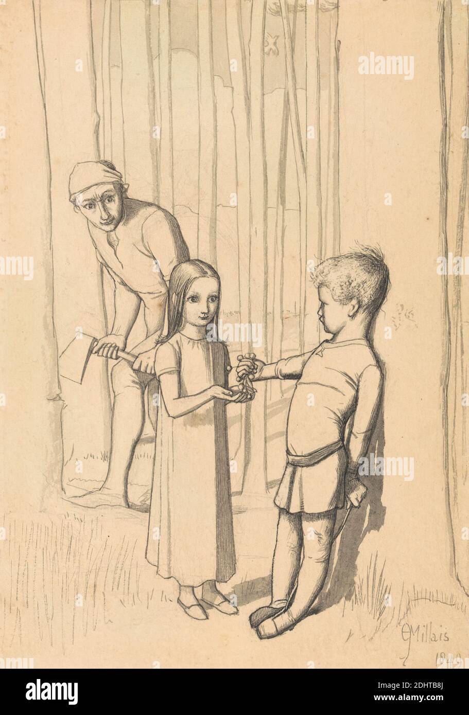 Studie für die Woodman's Daughter, Sir John Everett Millais, 1829–1896, Britisch, 1849, Stift und graue Tinte, Stift und schwarze Tinte, Grauwäsche, Graphit und Kratzen auf mäßig dickem, leicht strukturiertem, beigefarbenem Papier, Blatt: 17.8 x 12.7 cm, Kinder, Genremotiv, Hölzer Stockfoto