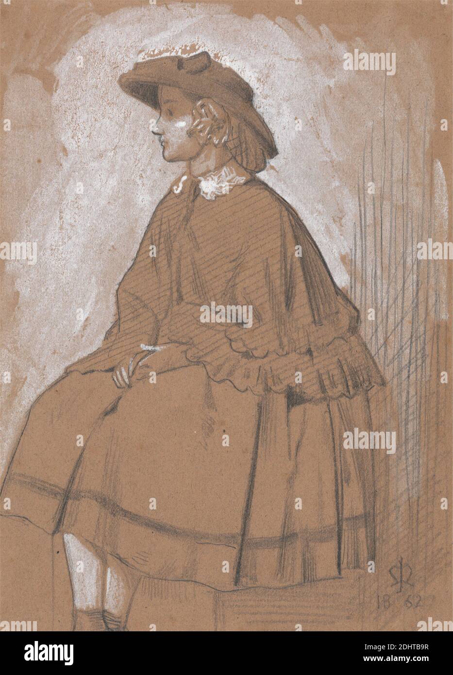 Studie eines Mädchens, zugeschrieben Sir John Everett Millais, 1829–1896, Britisch, 1862, Graphit und weiße Gouache auf mäßig dickem, leicht strukturiertem, braunem Wove-Papier, Blatt: 7 1/2 x 5 3/8 Zoll (19.1 x 13.7 cm), Kind, Figurenstudie, Mädchen Stockfoto