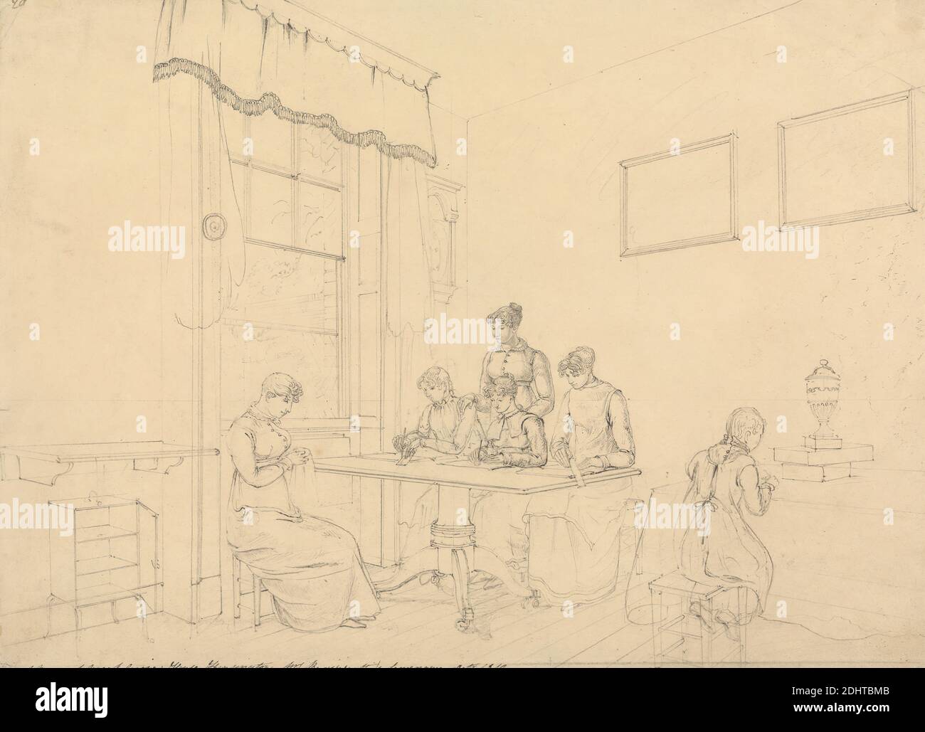 A Room at Great Grove House, Kensington, Mrs. Bavizzetti's Seminary, John Claude Nattes, 1765–1822, British, 1812, Graphit auf mittlerem, glattem, cremefarbenem Papier, Blatt: 9 1/4 x 12 13 Zoll (23.5 x 32,5 cm) und Blatt: 9 1/4 × 12 3/4 Zoll (23.5 × 32.4 cm), Hausarbeiten, Genre Thema, Geschichte Malerei, Haus, Interieur, Menschen, Zimmer, England, Europa, Kensington, London, Vereinigtes Königreich Stockfoto