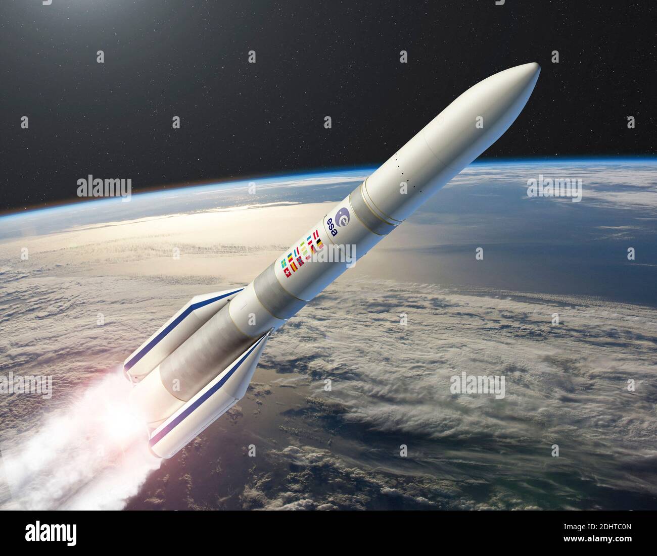 Les Mureaux, Frankreich am 28,2019. November.Illustration des Startfahrzeugs der nächsten Generation Ariane 6, wird von der ArianeGroup gebaut. Die Ariane 6 wird horizontal montiert, um die Produktionskosten zu senken und die Durchlaufzeiten von der Konstruktion bis zur Fertigung zu verkürzen. Die Ariane 6 ist modular aufgebaut und basiert auf Kernstufen, die von unteren und oberen Flüssiggas-Modulen angetrieben werden, die entweder durch zwei oder vier Strap-on-Vollraketen-Motoren ergänzt werden.der Start der Ariane 6 ist für Ende des Jahres 2020 geplant. Illustration David Ducros-ESA/ABACAPRESS.COM Stockfoto