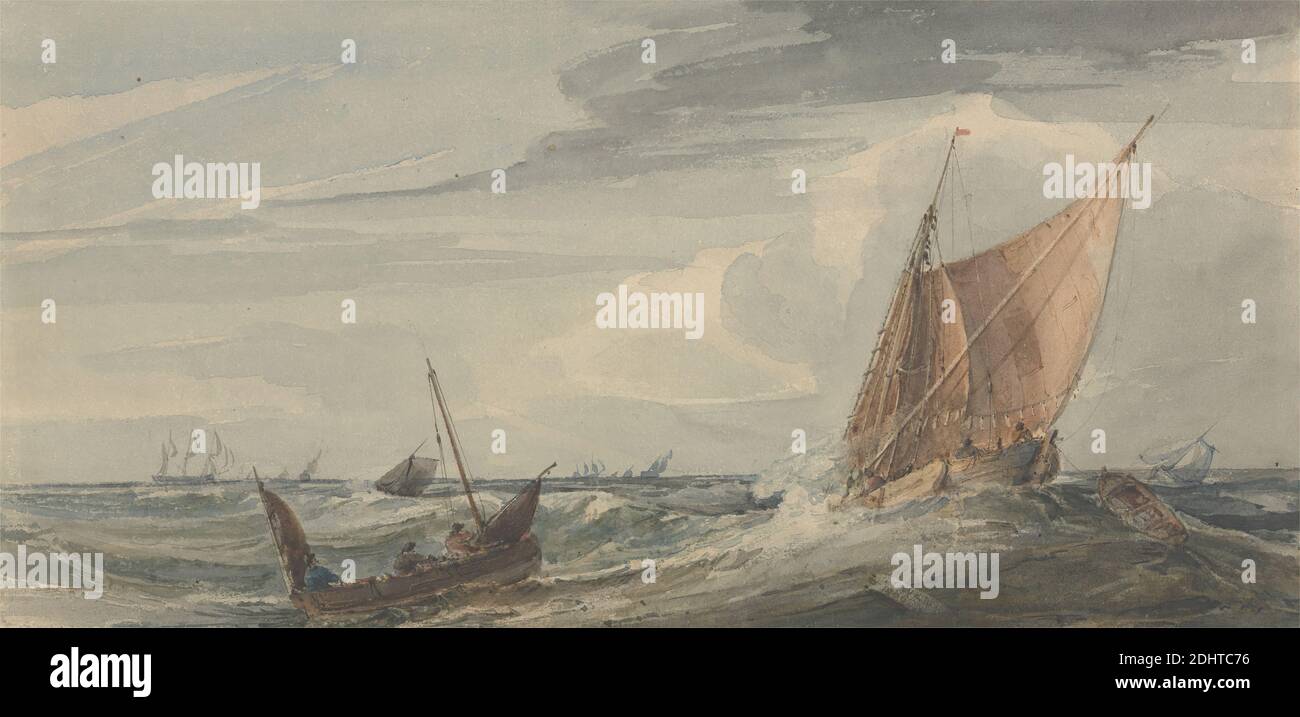Ships on a Stormy Sea, Samuel Owen, 1768–1857, British, 1836, Aquarell und Graphit mit Stift und schwarzer Tinte auf mittlerem, leicht strukturiertem, cremefarbenem Papier, Blatt: 5 1/2 × 11 1/4 Zoll (14 × 28.6 cm), Boote, Wolken, Langboot, Meereskunst, Masten und Takelage, Segler, Segel, Meer, Schiffe, Sturm, Wellen (Naturereignisse), Wind Stockfoto