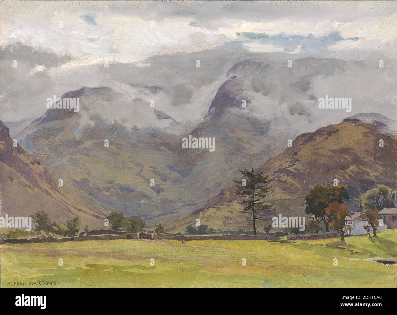 Aus Dungeon Ghyll, Alfred Parsons, 1847–1920, britisch, undatiert, Aquarell, Graphit und Gouache auf mittlerem, leicht strukturiertem, cremefarbenem Papier, Blatt: 9 1/16 × 11 7/8 Zoll (23 × 30.2 cm), Feld, Häuser, Landschaft, Nebel, Berge, Bäume, Wand, Cumbria, England, Europa, Lake District, Vereinigtes Königreich Stockfoto