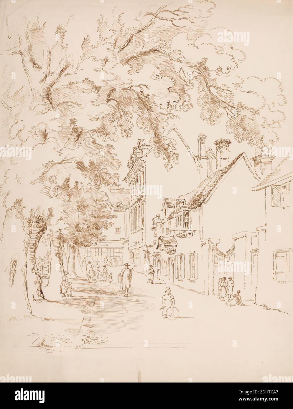 Gebäude von Magdalen Hall, Oxford, Alexander Monro, 1802–1844, undatiert, braune Tinte auf mäßig dickem, glattem, beigefarbenem Papier, Blatt: 19 15/16 x 15 3/8 Zoll (50.6 x 39 cm), Architekturmotiv, Kinder, Stadt, Stadtbild, Tore, Fußgänger, Straße, Geschäfte, Straße, Stadt, Spielzeug, Bäume, Wandern, England, Magdalen Hall, Oxford, Oxfordshire, Großbritannien, University of Oxford Stockfoto