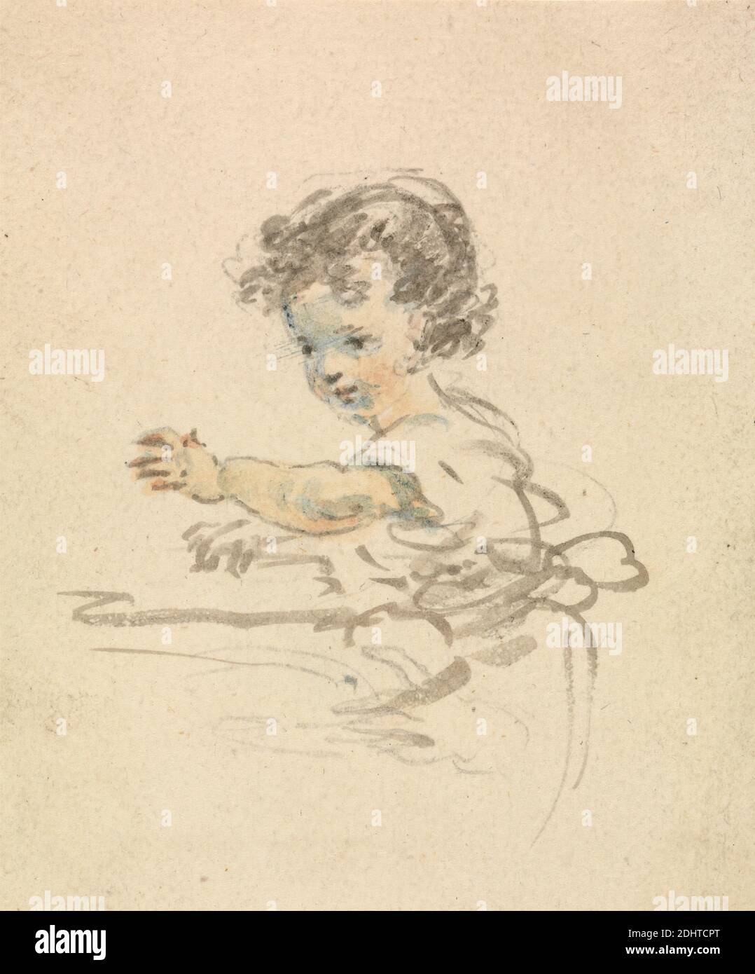 Kind sitzend, Nicholas Pocock, 1740–1821, britisch, undatiert, Aquarell und Graphit auf Medium, leicht strukturiert, cremefarbenes Wove-Papier, Blatt: 3 3/4 × 3 1/4 Zoll (9.5 × 8.3 cm), Kind, Figurenstudie, sitzend Stockfoto