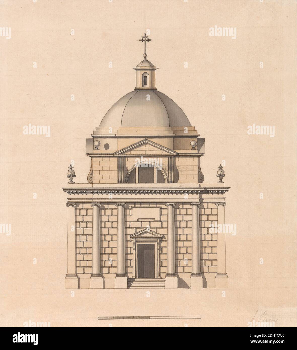 Design for a Temple on a Square Plan and with a Dome: Elevation, James Paine, 1717–1789, britisch, undatiert, Feder und graue Tinte, braune Wäsche, graue Wäsche und Graphit auf dünnem, leicht strukturiertem, cremefarbenen Papier, Blatt: 7 3/4 x 6 15/16in. (19.7 x 17,6 cm) und Blatt: 7 3/4 × 7 Zoll (19.7 × 17.8 cm), architektonisches Motiv Stockfoto