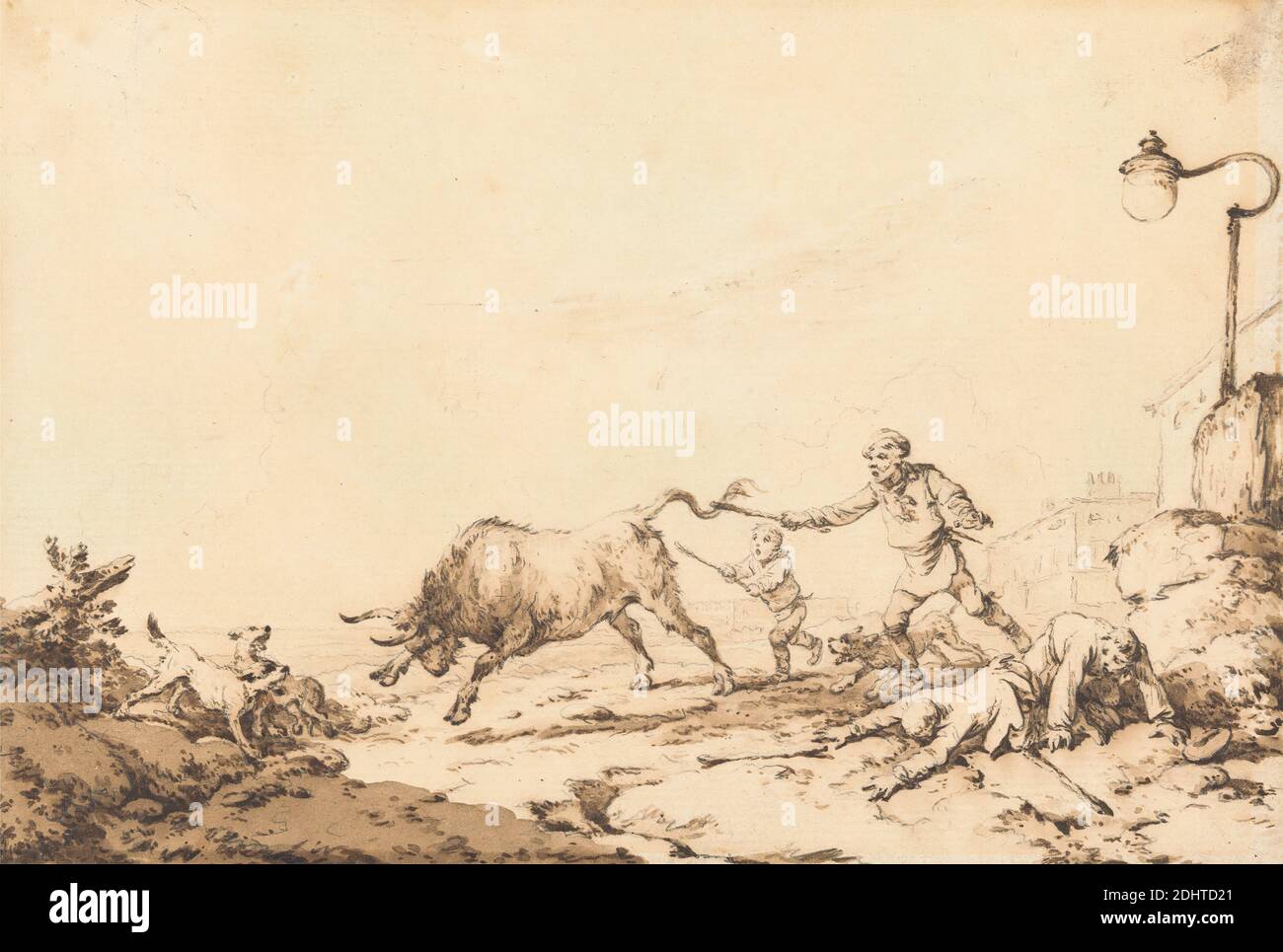 A Bull Charging, Philippe-Jacques de Loutherbourg, 1740–1812, französisch, in Großbritannien tätig (ab 1771), 1794, Braunwäsche mit Feder und brauner Tinte über Graphit auf Medium, leicht strukturiert, cremefarbenes Papier, Blatt: 5 1/2 × 8 1/8 inches (14 × 20.6 cm), Tierkunst, Stier, jagen, Hunde (Tiere), Laufen Stockfoto