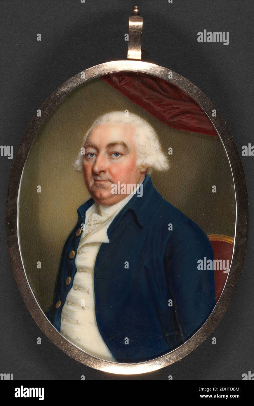 Portrait of a Gentleman, James Scoiller, 1741–1812, British, 1796, Gouache und Aquarell auf Elfenbein, Bild: 3 1/2 x 2 5/8 Zoll (8.9 x 6.7 cm) und Rahmen: 4 3/8 x 2 7/8 x 1/2 Zoll (11.1 x 7.3 x 1.3 cm), Mann, Porträt Stockfoto