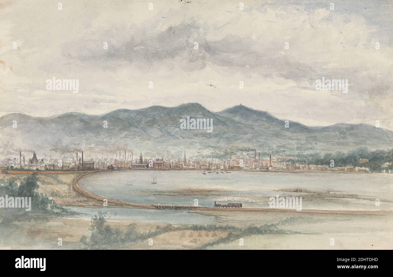 Belfast from Bunker's Hill / On the Road to Hollywood, John O'Connor, 1830–1889, britisch, undatiert, Aquarell, Graphit, Feder- und Brauntinte und schwarze Tinte auf Medium, mäßig strukturiert, beige, gewobene Papiere, Blatt: 7 1/4 × 11 5/16 Zoll (18.4 × 28.8 cm), Boote, Brücke (gebaut), Gebäude, Kamine, Stadtbild, Felder, Landschaft, Berge, Eisenbahn, Rauch, Zug, Wasser Stockfoto