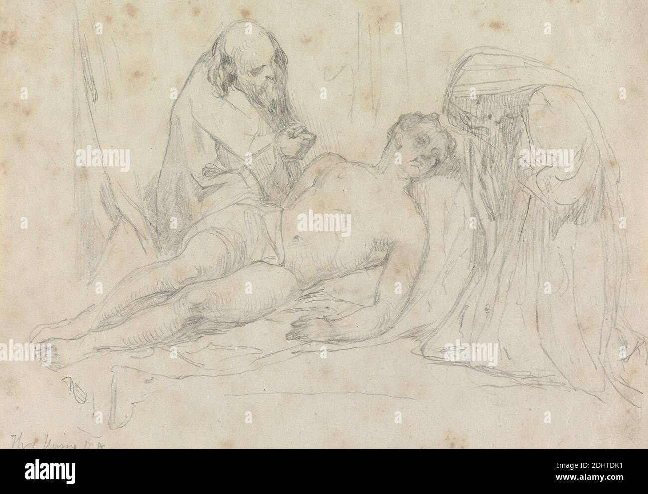 The Death of - Set von William Etty R.A., zugeschrieben Thomas Uwins, 1782–1857, britisch, undatiert, Graphit auf Medium, leicht strukturiert, blauweiß, wove paper, mounted on, mäßig dick, mäßig strukturiert, braun, wove paper, Sheet: 5 1/4 × 7 9/16 inches (13.3 × 19.2 cm) and Mount: 10 1/2 × 14 3/8 Zoll (26.7 × 36.5 cm), Tod, Sterben, Figurenstudie, Figuren, Männer, Frauen Stockfoto