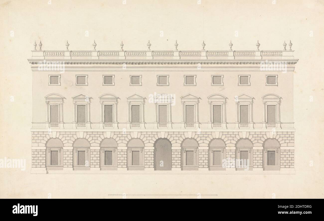 Unidentifiziertes Stadthaus: Front Elevation, Colen Campbell, 1676–1729, britisch, undatiert, Graphit, Stift und Wasch innerhalb dreifach-linierten Rand auf Medium, leicht strukturiert, cremefarbenen Papier Bar Skala von 1/10 Zoll bis ein Fuß, Blatt: 12 5/16 x 19 1/4 Zoll (31.3 x 48.9 cm), architektonisches Thema, Palladian, Stadthäuser Stockfoto