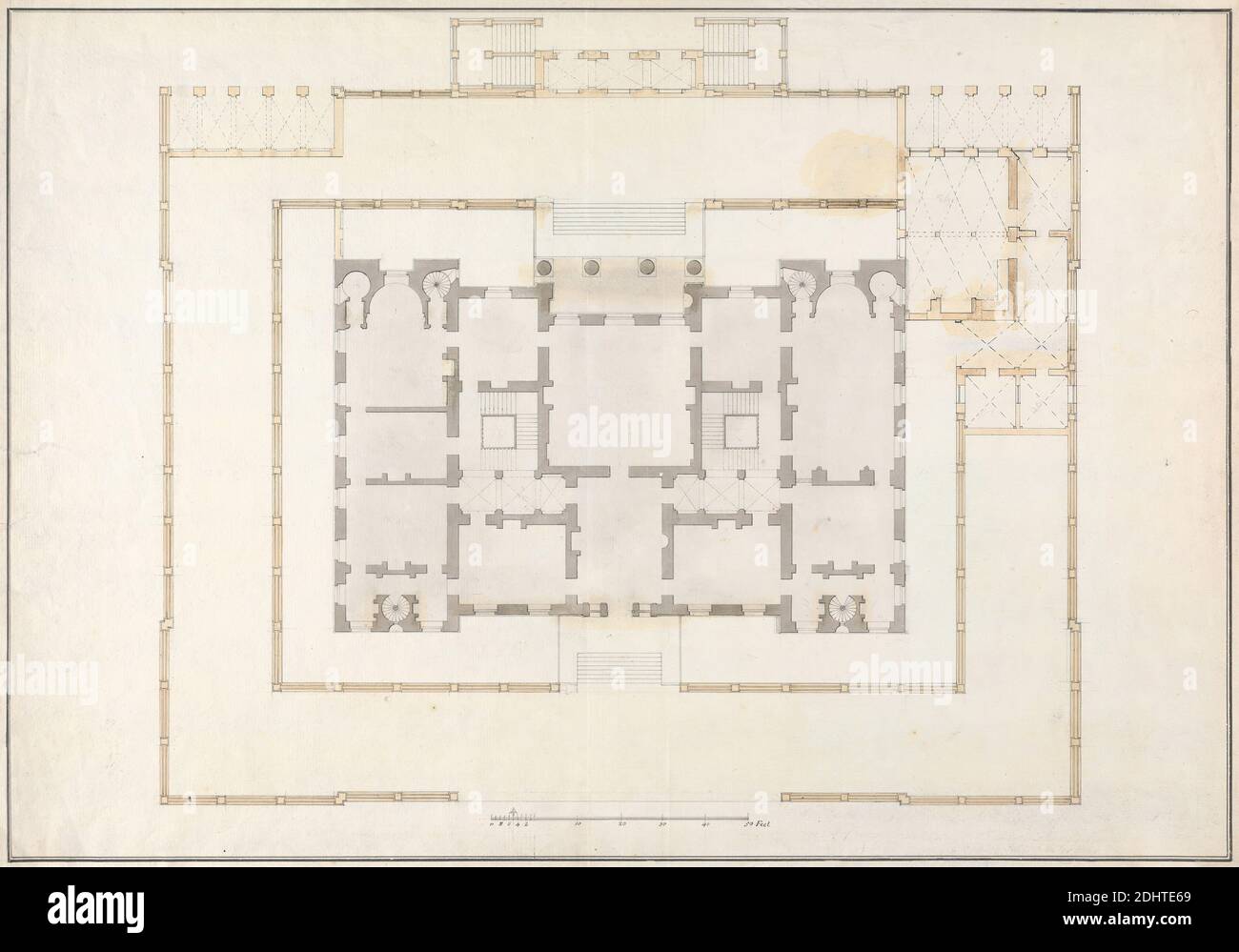 Nicht identifiziertes Landhaus: Grundriss, zugeschrieben John Sanderson, aktiv 1730–gestorben 1774, britisch, undatiert, Feder und schwarze Tinte mit grau und braun waschen auf Medium, mäßig strukturiert, cremefarbenes Papier gelegt, Blatt: 14 3/8 x 20 3/8 Zoll (36.5 x 51.8 cm), architektonisches Thema, Landhaus, Grundriss Stockfoto