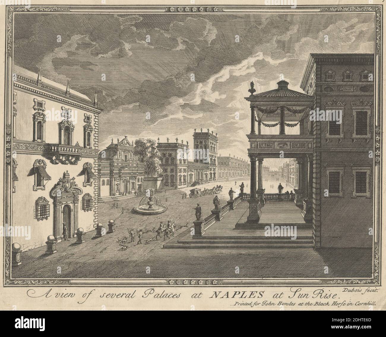 A View of several Palaces at Naples at Sun Rise, Print made by Unknown artist, (Dubois), Published by John Bowles, 1701–1779, British, undated, Radierung und Strichgravur auf Medium, leicht strukturiert, cremefarbenes Papier, auf zeitgenössischem Montierung aus mäßig dickem, mäßig strukturiertem, blauem, weiß gekleidtem Papier, Montierung: 9 5/8 x 12 1/8 Zoll (24.5 x 30.8 cm), Blatt: 8 11/16 x 11 9/16 Zoll (22 x 29.3 cm), Platte: 8 1/8 x 10 3/16 Zoll (20.7 x 25.8 cm) und Bild: 7 3/8 x 9 13/16 Zoll (18.7 x 25 cm), Bögen, architektonisches Motiv, Balkone, Gebäude, Kutsche, Kirchen, Stadt, Stadtbild Stockfoto