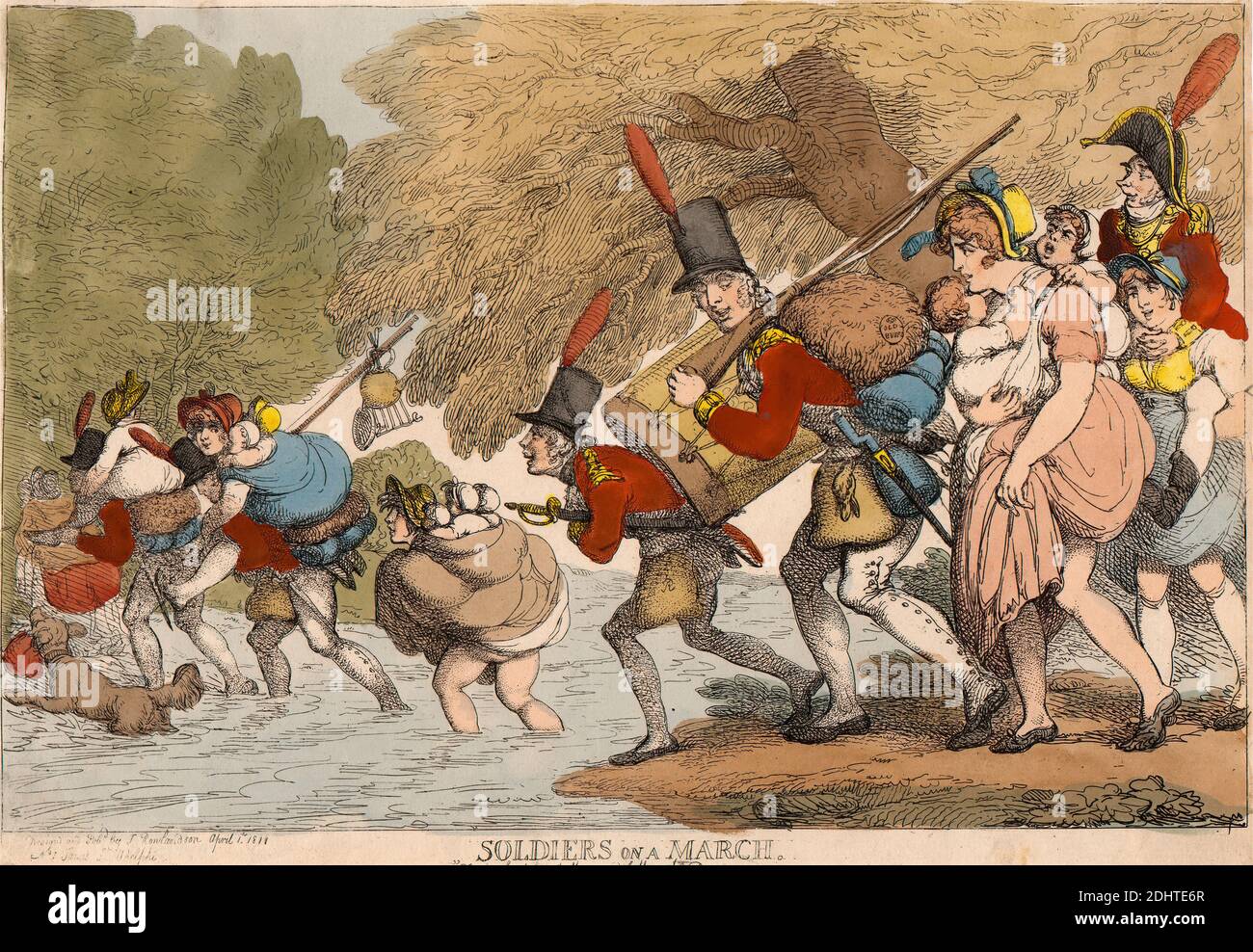 Soldiers on a March: 'To Pack up her tatters and follow the Drum', Thomas Rowlandson, 1756–1827, British, 1811, handkolorierte Radierung, Blatt: 8 3/4 x 9 1/4 Zoll. (22.2 x 23,5 cm Stockfoto