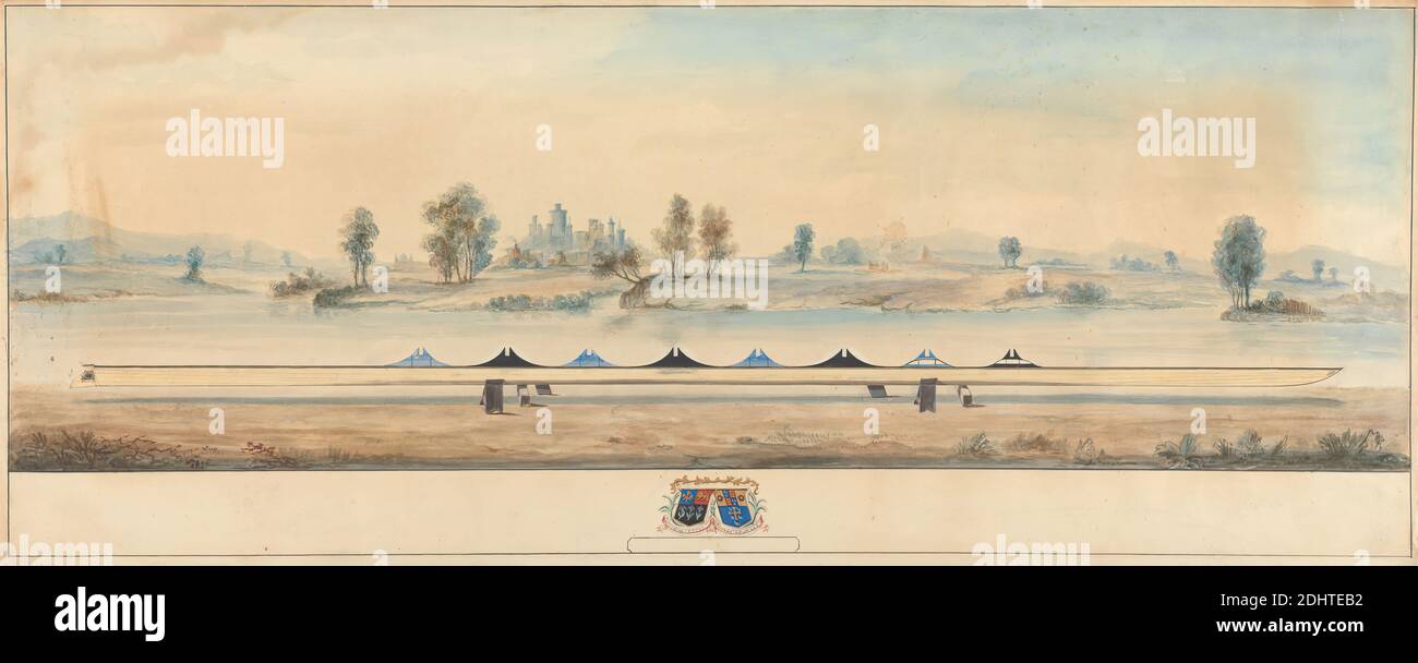 Das Eton Boot auf dem Towpath der Themse: Windsor Castle im Hintergrund, unbekannter Künstler, neunzehnten Jahrhundert, ca. 1845, Aquarell, Stift und schwarze Tinte, braune Tinte, Gouache und Graphit auf Medium, mäßig strukturiert, beige Wove Papier, Blatt: 12 1/2 x 30 3/4 Zoll (31.8 x 78.1 cm), Zeitgenössische gezeichnete Grenze: 11 15/16 × 30 3/8 Zoll (30.3 × 77.2 cm), und Bild: 10 1/16 × 30 3/8 Zoll (25.6 × 77.2 cm), Architekturmotiv, Boot, Landschaft, Fluss, Ruderboote, Bäume, Berkshire, England, Eton, Eton College, Europa, Großbritannien, Windsor und Maidenhead, Windsor Castle Stockfoto