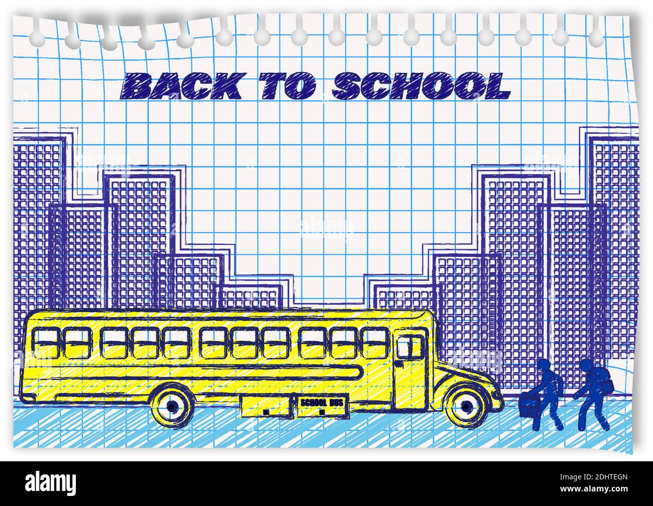 Zeichnen auf einem Notizblatt in Tinte. Zurück zur Schule. Kinder fahren in den gelben Bus. Am 1. September beginnt das Schuljahr. Leben in einer Metropole. Stock Vektor