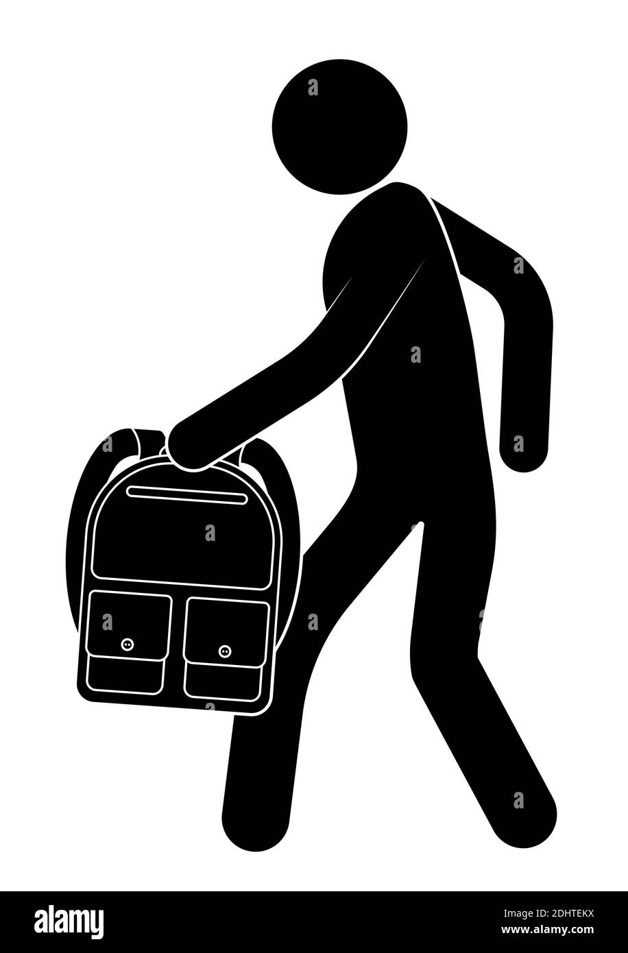 Stabfigur. Schuljunge, Student geht mit einem Rucksack in den Händen. 1. September, Tag des Wissens. Einfaches Symbol für Website, Infografik. Vektor auf einem Stock Vektor