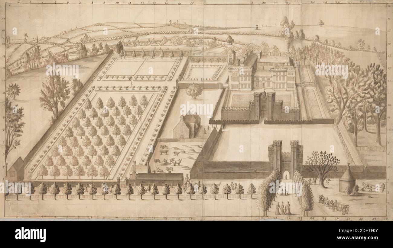 Lullingstone Castle, unbekannter Künstler, siebzehnten Jahrhundert, ca. 1670, Stift und braune Tinte mit braun und grau waschen, über Graphit auf Medium, leicht strukturiert, cremefarbenen Papier gelegt, Blatt: 17 3/4 × 31 7/8 Zoll (45.1 × 81 cm), Tiere, architektonisches Thema, Kutsche, Burgen, Rinder, Figuren (Darstellungen), Gärten, Tore, Landschaft, Obstgärten, Parks (Gelände), Portcullises, Türme (Gebäudebereiche), Bäume, Mauern, Dartford, Eynsford, Lullingstone Castle Stockfoto
