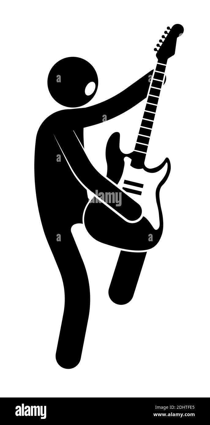 Stockfigur, Musiker spielt Rockmusik auf der Gitarre, stehend auf einem Bein. Konzerte, Festivals und Feiertage. Vektor auf weißem Hintergrund Stock Vektor
