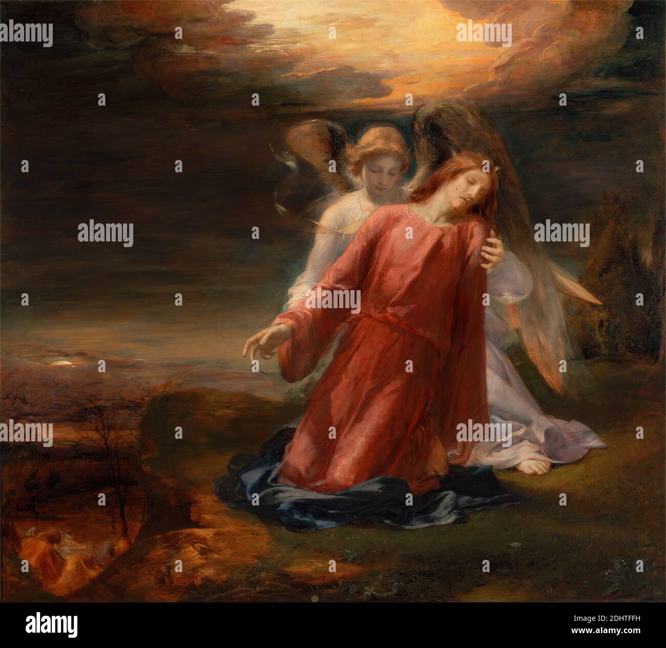 The Agony in the Garden, George Richmond, 1809–1896, British, 1858, Öl auf Tafel, Unterstützung (PTG): 41 3/4 x 46 Zoll (106 x 116.8 cm), Engel, Bibel, Gebet Christi im Garten Gethsemane in der Nacht, Christentum, Tod, Teufel, Garten, Himmel, kniend, Neues Testament, Nacht, Religion, religiös, religiös und mythologisch Thema, Stärkung, Flügel Stockfoto