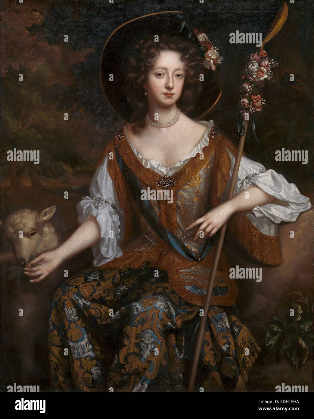 Elizabeth Jones, Gräfin von Kildare, Willem Wissing, ca. 1656–1687, niederländisch, tätig in Großbritannien (bis 1676), ca. 1684, Öl auf Leinwand, Stütze (PTG): 49 1/2 x 39 3/4 Zoll (125.7 x 101 cm), Tier, Botanik, Brokat, Chemise Kleid, Kostüm, Gräfin, Locken, Ohrringe, Blumen (Pflanzen), Fransen, Hut, Halskette, Muster (Design-Element), Perlen, Porträt, Wissenschaft, sitzend, Schafe, Hirtin, sitzend, Stab (Spazierstock), Bäume, Frau Stockfoto