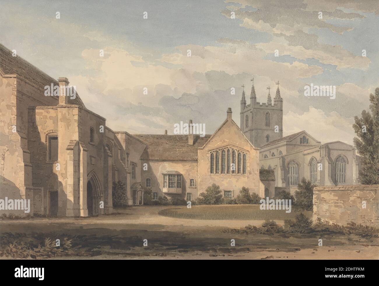 Südost-Ansicht der Kirche und des Palastes in Croydon, Surrey, John Chessell Buckler, 1793–1894, British, 1817, Aquarell und Feder und braune Tinte auf Medium, leicht strukturiert, cremefarbenes Wove-Papier, Blatt: 10 × 13 1/4 cm (33.7 × 25.4 Zoll), architektonisches Motiv Stockfoto