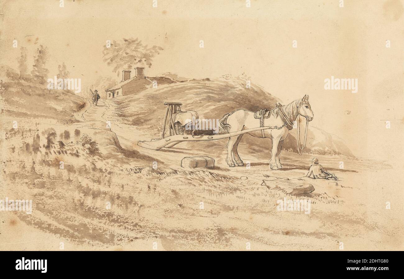 A Horse Pulling a Drag, Cornelius Varley, 1781–1873, britisch, undatiert, Brauner Waschgang, Feder und schwarze Tinte und Graphit auf Medium, leicht strukturiert, cremefarbenes, auf Medium gelagertes Papier, leicht strukturiert, cremefarbenes Papier, Blatt: 5 7/8 x 9 3/8in. (14.9 x 23,8 cm) und Mount: 7 1/4 x 10 3/4 Zoll (18.4 x 27.3 cm), Landwirtschaft, Tierkunst, Korb, Wagen, Kamine, Drag (Kratzwerkzeug), Hügel, Pferd (Tier), Haus, Landschaft, Männer, Straße, Felsen (Landformen), Schlitten Stockfoto