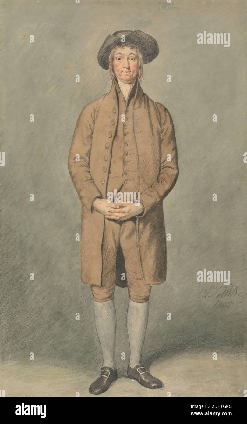 Mr. Mathews as Matthew Daw in the School for Friends, Samuel De Wilde, 1748–1832, British, 1805, Aquarell, Graphit, schwarze Kreide und Buntstift auf Medium, leicht strukturiert, cremefarbenes Wove-Papier, Blatt: 14 3/4 × 9 5/16 Zoll (37.5 × 23.7 cm Stockfoto