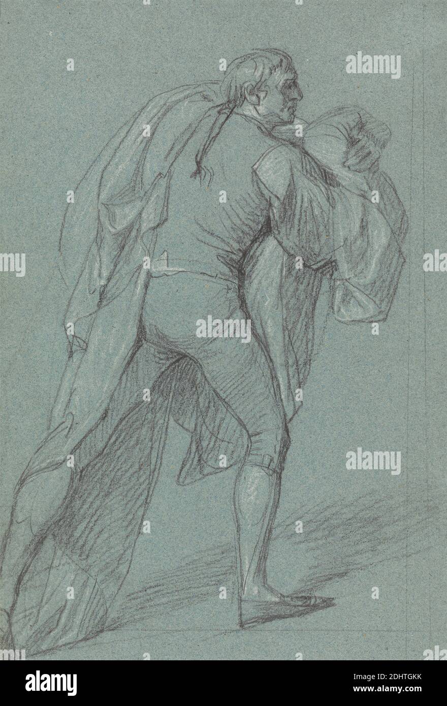 Figurenstudie für das Gemälde vom Sieg von Lord Duncan: Studie für Seefahrer mit der niederländischen Flagge, John Singleton Copley, 1738–1815, Amerikaner, in Großbritannien aktiv (ab 1776), undatiert, Schwarz-weiße Kreide auf mäßig dickem, mäßig strukturiertem, blauem Webpapier, Blatt: 10 5/8 x 7 1/4 Zoll (27 x 18.4 cm), Niederländisch, Figuren, Fahnen, Seeleute, Studien (visuelle Werke Stockfoto