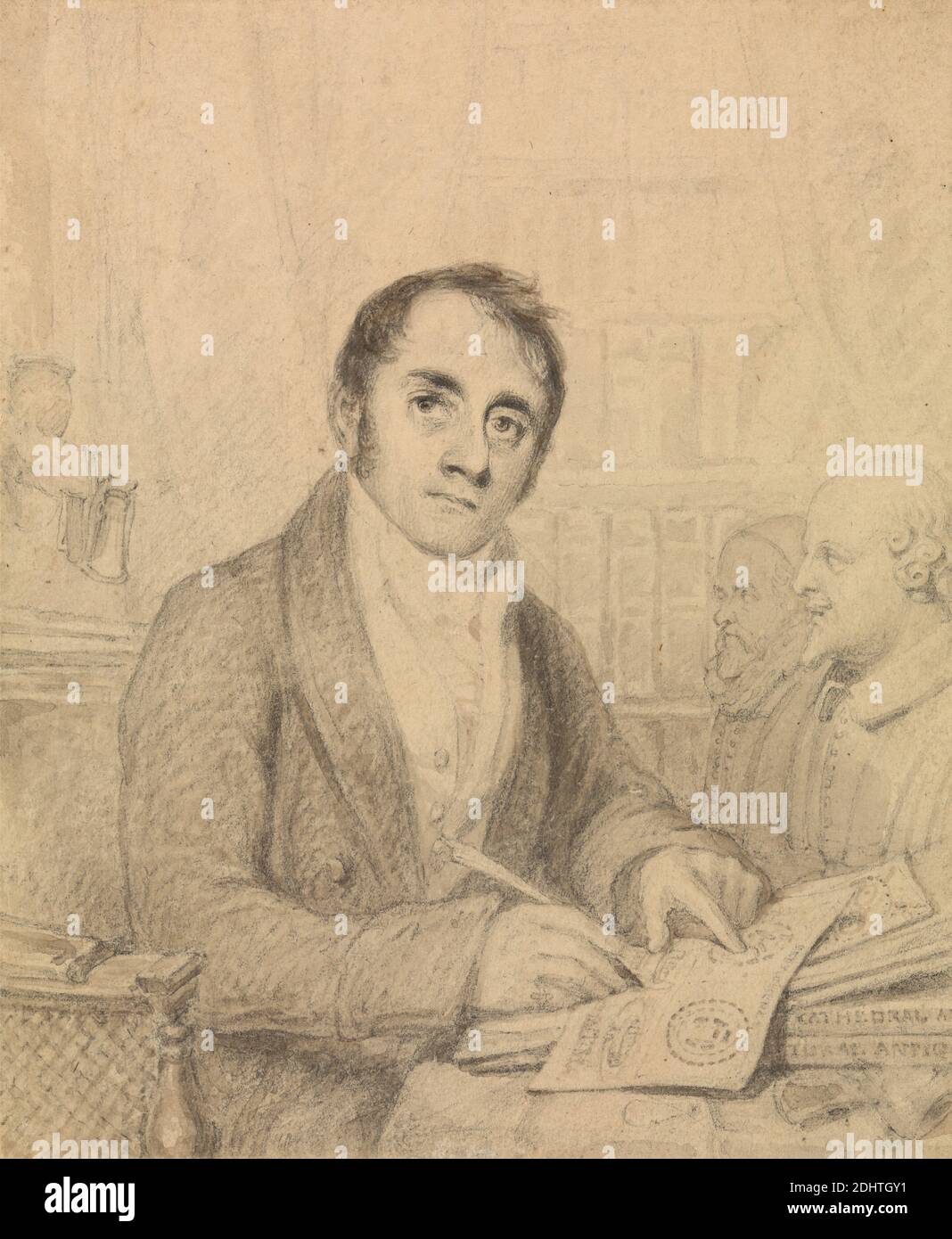 John Britton, F.S.A., Thomas Uwins, 1782–1857, British, ca. 1820, Graphit und grau waschen und braun waschen auf Medium, leicht strukturiert, Creme Wove Papier, Blatt: 4 7/16 × 3 11/16 Zoll (11.3 × 9.4 cm), Bücher, Büsten, Porträt Stockfoto
