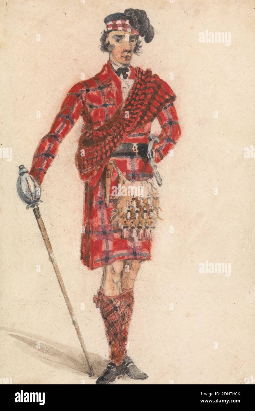Schotte mit Schwert; modernes Kleid eines Highland Chieftan, George Walker, aktiv 1792–gestorben 1795, britisch, undatiert, Aquarell und Graphit auf mittlerem, glattem, cremefarbenem Wove-Papier, Blatt: 4 3/8 × 2 15/16 Zoll (11.1 × 7.5 cm), Gürtel (Kostümzubehör), Bogen (Kostümzubehör), Fliege, Kostüm, Figurenstudie, Highland-Kostüm, Jacke, Kilt, Schärpe (Quilt-Komponente), Schotte, Sporran, Strümpfe, Schwert, Tartan Stockfoto