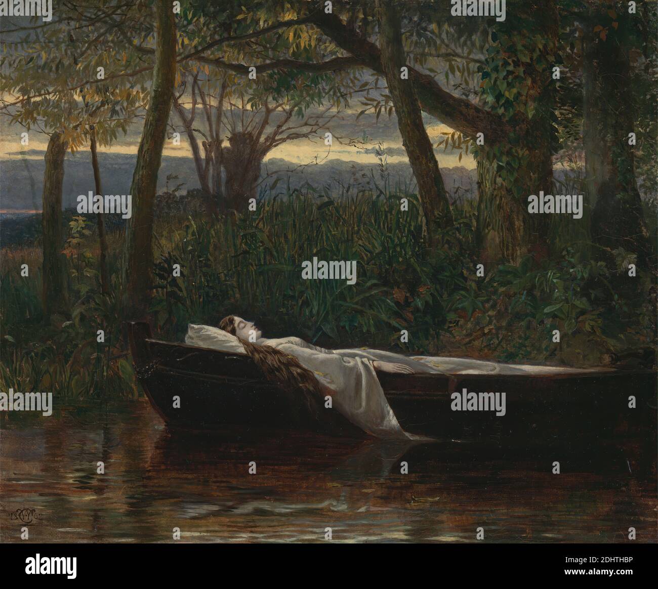The Lady of Shalott, Walter Crane, 1845–1915, British, 1862, Öl auf Leinwand, Stütze (PTG): 9 1/2 x 11 1/2 Zoll (24.1 x 29.2 cm), Boot, Körper, tot, Tod, Legende, literarisches Thema, langes Haar, Kissen, Gedicht, religiöses und mythologisches Thema, Fluss, romantisch, viktorianisch, Frau Stockfoto