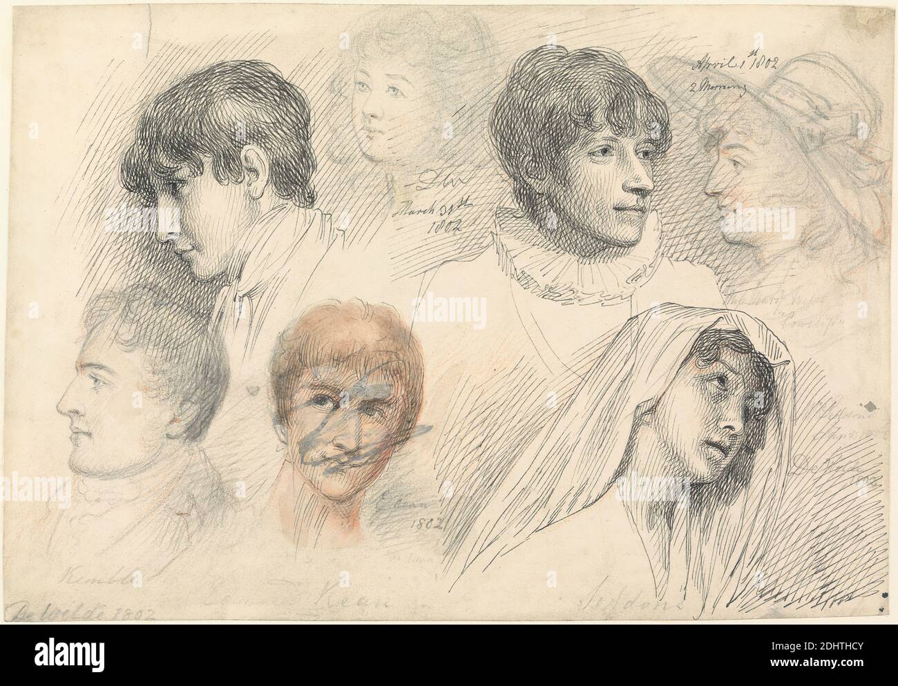 Portrait Studies of Mary Wills in Cowsslip, John Kemble, Edmund Kean and Mrs. Siddons, 31. März 1802 und 1,1802. April, Samuel De Wilde, 1748–1832, British, 1802, Graphite und rote Kreide mit Stift und schwarzer Tinte auf mittlerem, leicht strukturiertem, cremefarbenen Gewebspapier, Blatt: 9 1/16 × 13 1/16 Zoll (23 × 33.2 cm), Hochformat Stockfoto