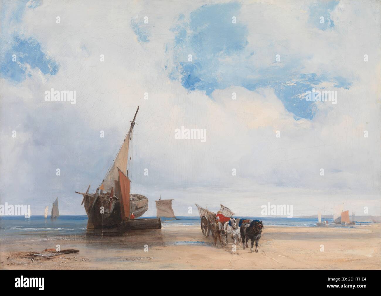 Beached Vessels and a Wagon near Trouville, Richard Parkes Bonington, 1802–1828, British, ca. 1825, Öl auf Leinwand, Unterstützung (PTG): 14 5/8 x 20 5/8 Zoll (37.1 x 52.4 cm), Strand, blau, gebrochen, Wolken, Wolken, Küste, Pferde (Tiere), Licht, Gepäckträger, Meer, Ruinen, Segel, Sand, Meer, Seeseite, Schiffe, Ufer (Landform), Himmel, Schiffe (Wasserfahrzeuge), Wagen, Basse-Normandie, Calvados, Frankreich, Trouville Stockfoto