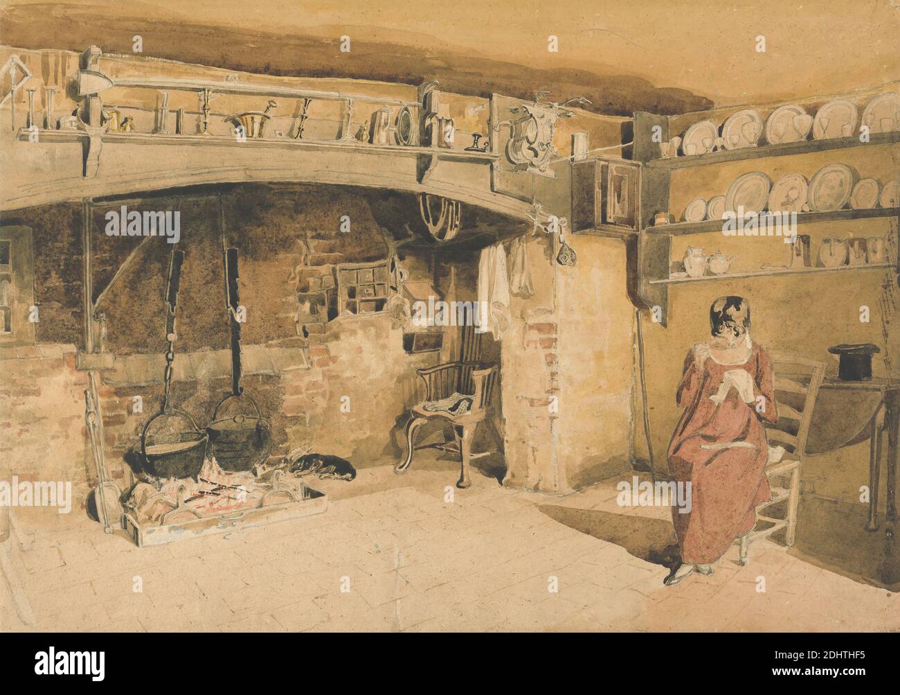 Farm House Kitchen at Brackham in Surrey, Thomas Uwins, 1782–1857, britisch, undatiert, Aquarell über Graphit; rückseitig: Graphit und rote Kreide auf Medium, mäßig strukturiert, cremefarbenes Wove-Papier, Blatt: 10 1/2 × 15 Zoll (26.7 × 38.1 cm Stockfoto