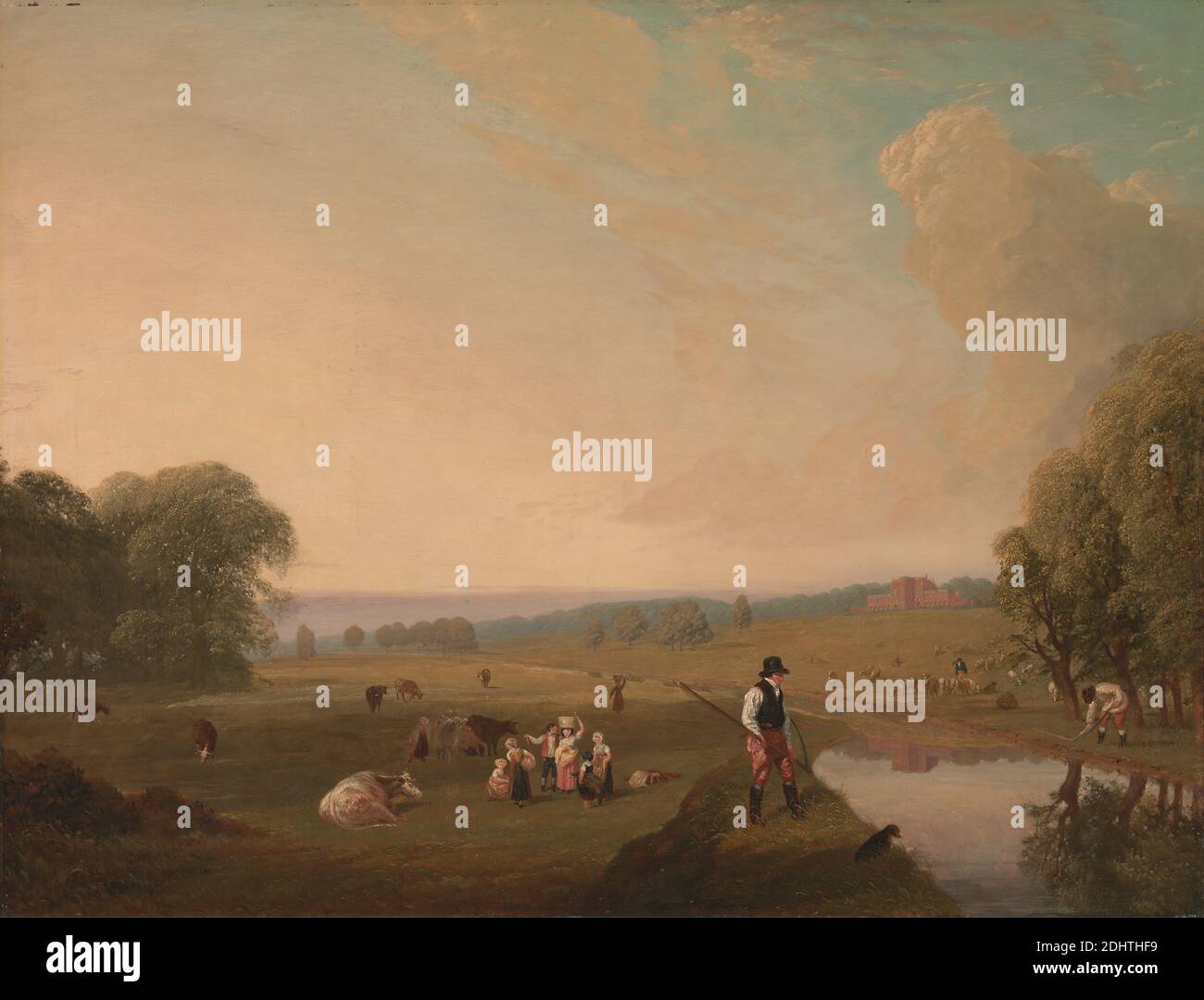 A View of Theobald's Park, Hertfordshire, John James Chalon, 1778–1854, Französisch, aktiv in Großbritannien, ca. 1840, Öl auf Leinwand, Stütze (PTG): 24 1/2 x 31 3/4 Zoll (62.2 x 80.6 cm), Tiere, Stiefel, Hosen, Eimer, Rinder, Kinder, Hund (Tier), Wohnung, Familie, Ackerland, Felder (landwirtschaftliche Flächen), Weiden, Hügel, Haus, Arbeiter, Landschaft, Vieh, Männer, Palast, Weide, Hemd, Strom, Werkzeug, Hut, Weste, Ansicht, Wasser, Frauen, Arbeiter, Cheshunt, England, Hertfordshire, Vereinigtes Königreich Stockfoto