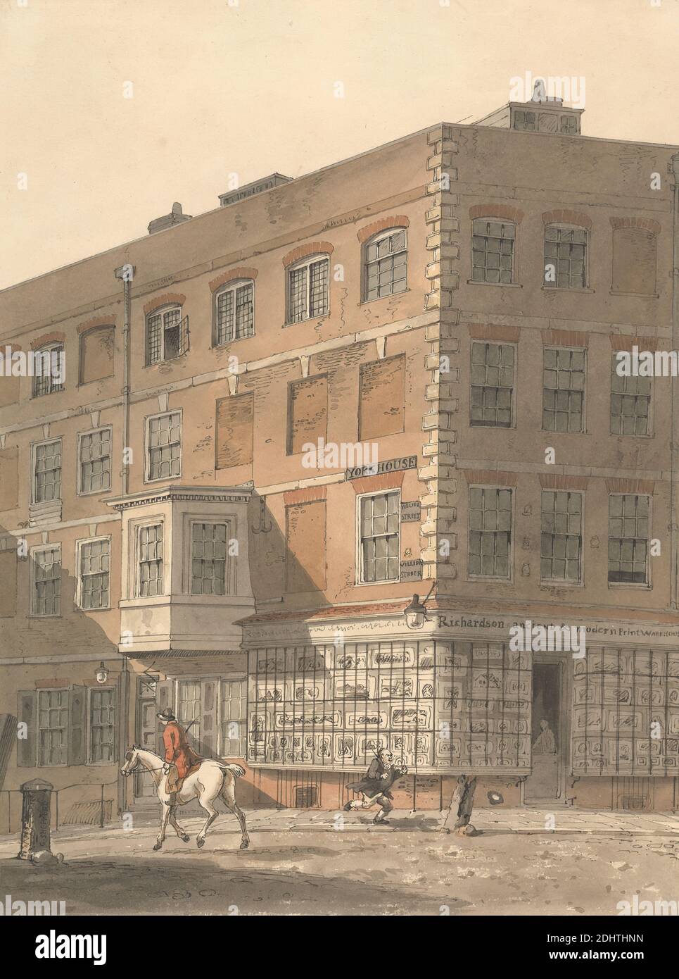 York House, Ecke Villiers Street und The Strand, mit Richardson's Ancient and Modern Print Warehouse im Vordergrund, George Shepheard, ca. 1770–1842, Großbritannien, ca. 1809, Aquarell und Stift und schwarze Tinte auf Medium, leicht strukturiert, cremefarbenes Wove Papier, Blatt: 10 3/4 x 8 1/8in. (27.3 x 20,6 cm) und Blatt: 11 × 8 1/4 Zoll (27.9 × 21 cm), architektonisches Motiv Stockfoto
