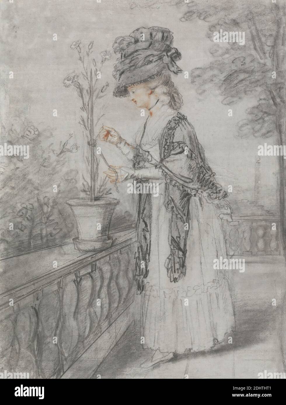 Lady on a Terrace tending a Carnation Plant, John Raphael Smith, 1752–1812, britisch, undatiert, schwarze, rote und weiße Kreide auf Medium, leicht strukturiert, cremefarbenes Papier, Blatt: 12 5/8 x 9 1/2 Zoll (32.1 x 24,1 cm) und Blatt: 12 3/4 × × cm (5/8 32.4 9 24.4 Zoll) Stockfoto