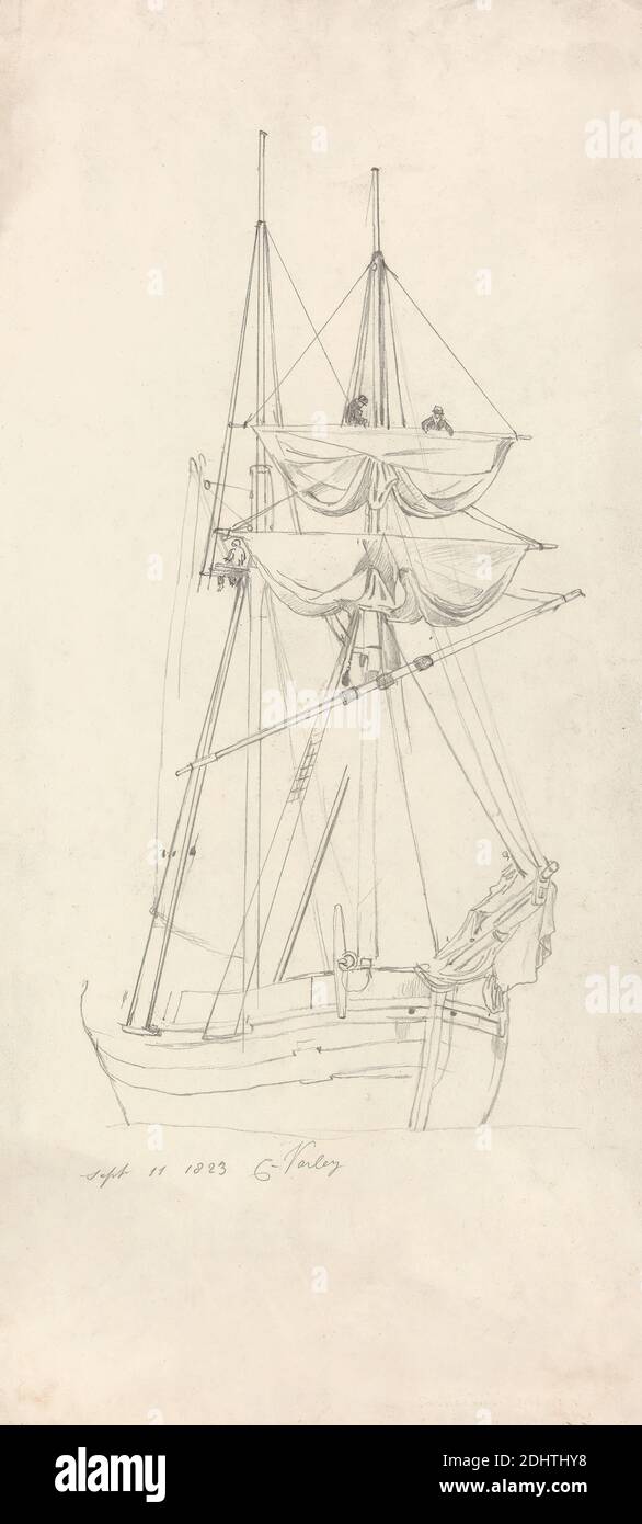 Ship Study, Cornelius Varley, 1781–1873, British, 1823, Graphit auf mäßig dickem, mäßig strukturiertem, cremefarbenem Wove-Papier, Blatt: 18 x 8 3/8 Zoll (45.7 x 21.3 cm), Figuren, Hüte, Meereskunst, Masten, Männer, Riemenscheiben, Takelage, Matrosen, Segel, Schiff Stockfoto