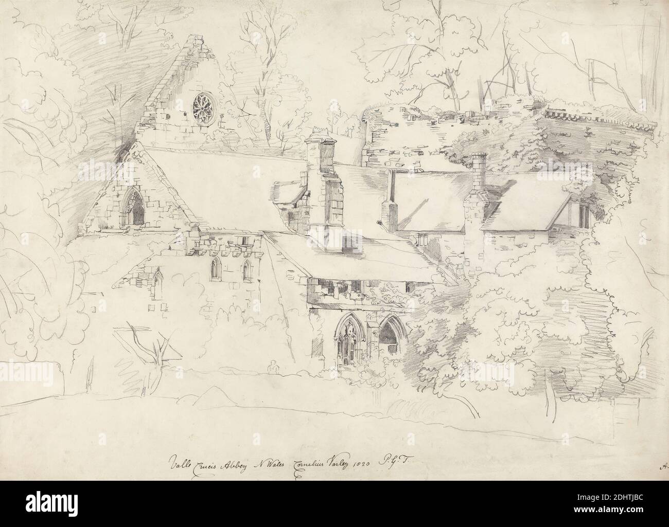 Valle Crucis Abbey, Denbighshire, Cornelius Varley, 1781–1873, British, 1820, Graphit auf Medium, leicht strukturiert, cremefarbenes Wove-Papier, Blatt: 14 5/8 × 20 5/8 Zoll (37.1 × 52.4 cm), Abtei, architektonisches Motiv, Schornstein, Zisterzienser, Figur, Landschaft, Rosenfenster, Ruinen, Bäume, Cymru, Denbighshire, Europa, Llantysilio, Großbritannien, Valle Crucis Abbey, Wales Stockfoto