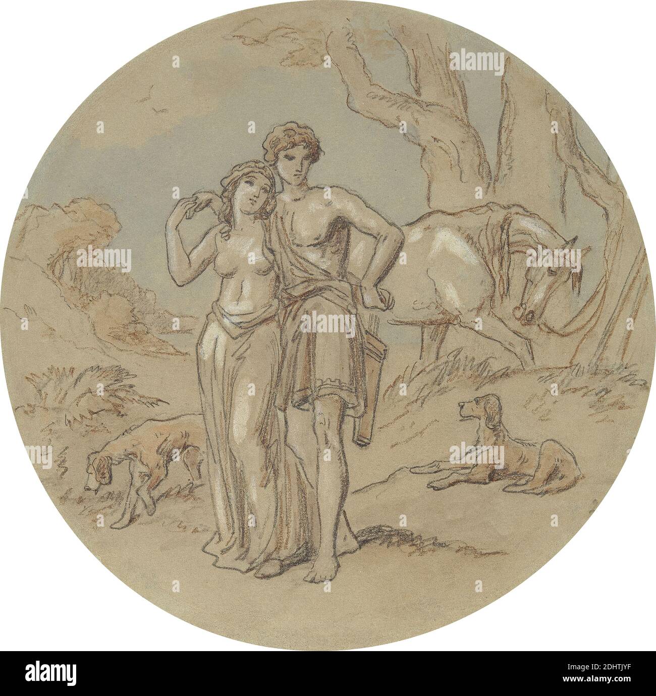 Eines von achtzehn Entwürfen für eine Serie von Platten, die Venus und Adonis illustrieren, Hablot Knight Browne, 1815–1882, britisch, undatiert, Graphit, braune Kreide, Aquarell und Gouache auf mittlerem, leicht strukturiertem, grauem Wove-Papier, Blatt: 6 5/8 × 6 5/8 Zoll (16.8 × 16.8 cm), Bögen, halten, Pferd (Tier), Jagdhunde, Liebhaber, Köcher, religiöse und mythologische Thema, Wandern Stockfoto