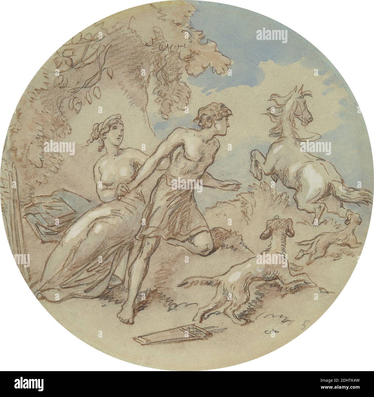 Eines von achtzehn Entwürfen für eine Serie von Platten, die Venus und Adonis illustrieren, Hablot Knight Browne, 1815–1882, britisch, undatiert, Graphit, rote Kreide, Aquarell und weiße Gouache auf mittlerem, wenig strukturiertem, grauem Gewobelpapier, Blatt: 6 5/8 × 6 5/8 Zoll (16.8 × 16.8 cm), Hund (Tier), halten, Pferd (Tier), Jagdhunde, Liebhaber, religiöse und mythologische Thema Stockfoto
