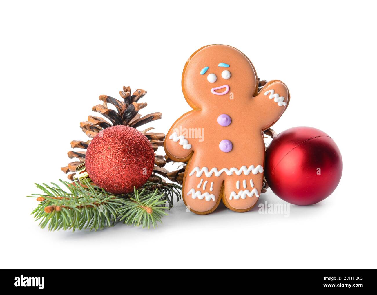 Weihnachtskomposition mit Lebkuchenkekse auf weißem Hintergrund Stockfoto